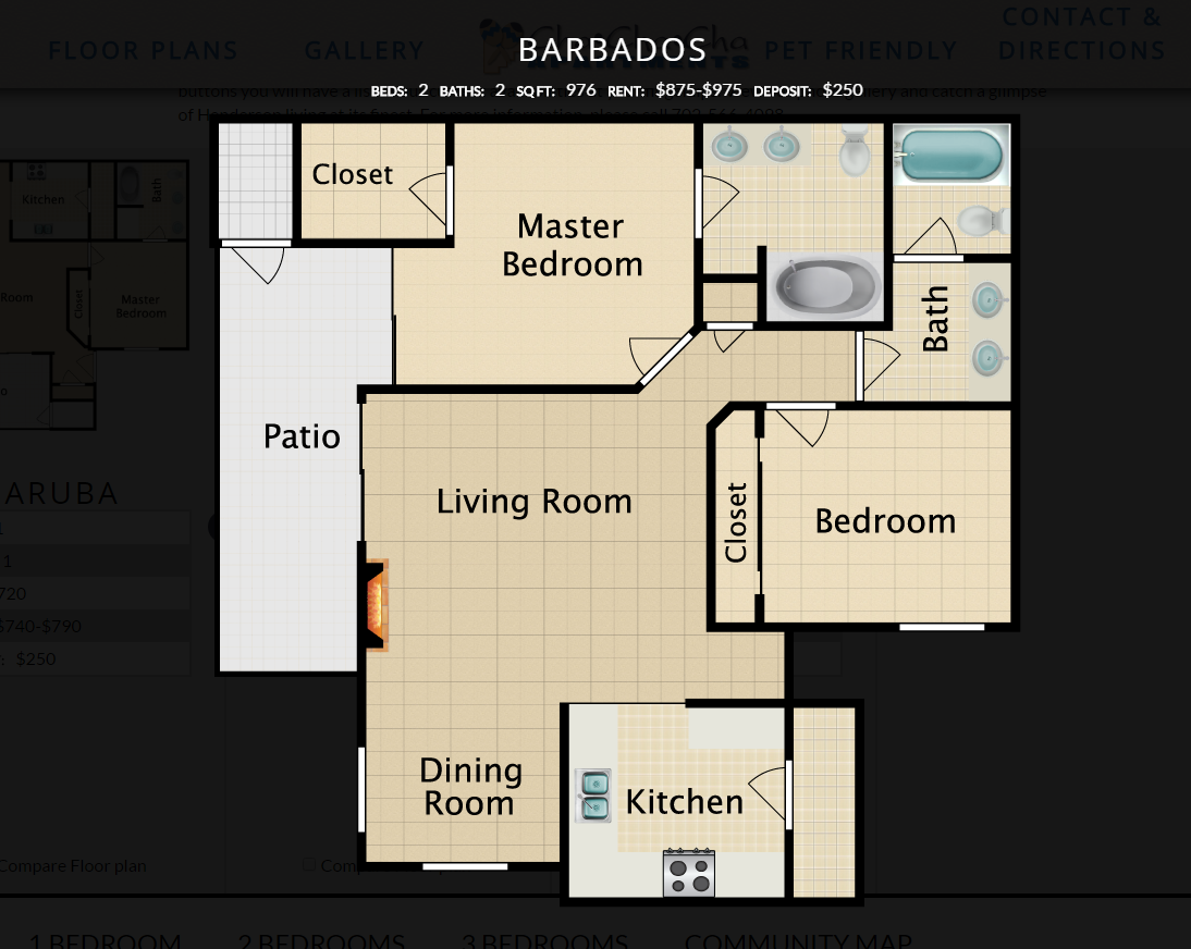 Floor plan for 2 beds, 2 baths, 976 sqft